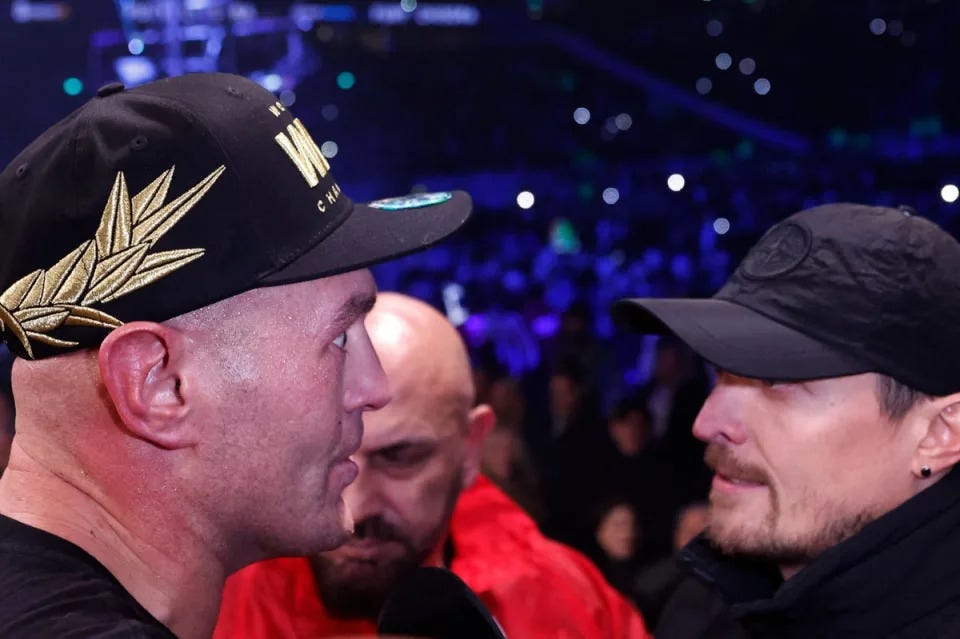 Heated clash: Tyson Fury and Oleksandr Usyk went head to head after the former’s win over Derek Chisora  (Action Images via Reuters)