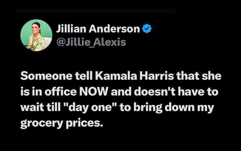 May be an image of 1 person and text that says 'Jillian Anderson @Jillie_Alexis Jillie Alexis Someone tell Kamala Harris that she is in office NOW and doesn't have to wait till "day one" to bring down my grocery prices.'