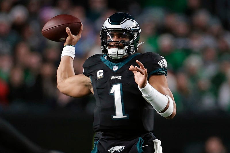 PHILADELPHIA, PENNSYLVANIA - DECEMBER 25: Jalen Hurts #1 of the Philadelphia Eagles passes the ball during the second quarter against the New York Giants at Lincoln Financial Field on December 25, 2023 in Philadelphia, Pennsylvania. (Photo by Adam Hunger/Getty Images)
