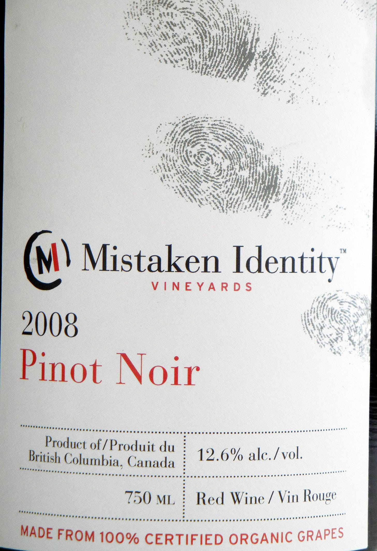 Mistaken Identity Pinot Noir 2008 Label - BC Pinot Noir Tasting Review 16