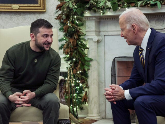 WASHINGTON, DC - DECEMBER 21: U.S. President Joe Biden (R) meets with President of Ukraine Volodymyr Zelensky in the Oval Office of the White House on December 21, 2022 in Washington, DC. Zelensky is meeting with President Biden on his first known trip outside of Ukraine since the Russian invasion …