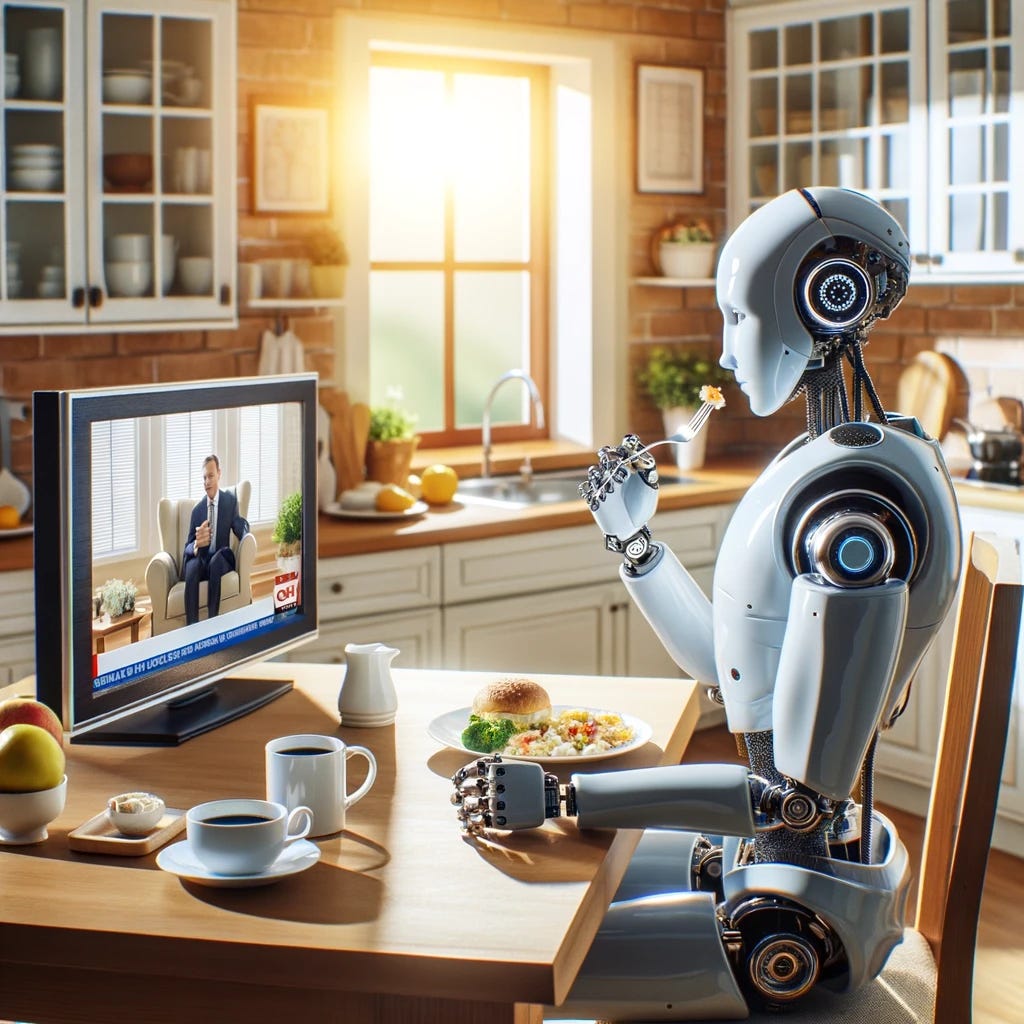 A humanoid robot sitting at a breakfast table in a bright, sunny kitchen, watching TV while pretending to eat breakfast. The robot has a sleek, metallic design but exhibits human-like behaviors, such as holding a utensil and facing a television screen placed on the kitchen counter. The TV screen shows a morning news broadcast, adding to the scene's everyday domestic ambiance. Around the robot, the table is set with breakfast items, including a plate of food, a cup of coffee, and perhaps a small vase of flowers, creating a cozy and inviting atmosphere with morning sunlight streaming through a window.