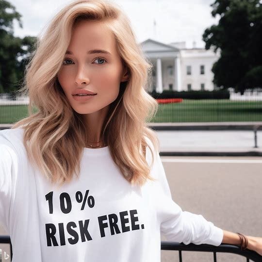 a 30-year old pretty blond girl wearing a t-shirt that says '10% risk free' in front of the White House