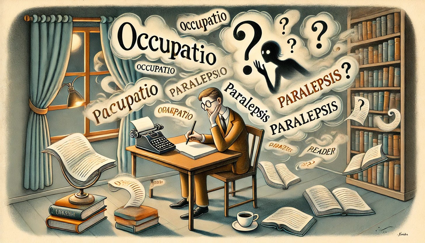 A whimsical, surreal illustration of a writer at a desk, surrounded by floating words and question marks, as if struggling with what to write. The words 'occupatio' and 'paralepsis' are faintly visible in the air, blending into the background. An imaginary reader, depicted as a ghostly or shadowy figure, leans over the writer's shoulder, curiously peeking at the blank page. The scene has a lighthearted, slightly absurd tone, with scattered books and coffee cups adding to the atmosphere. The color palette is warm and inviting, with a hint of vintage literary aesthetics.