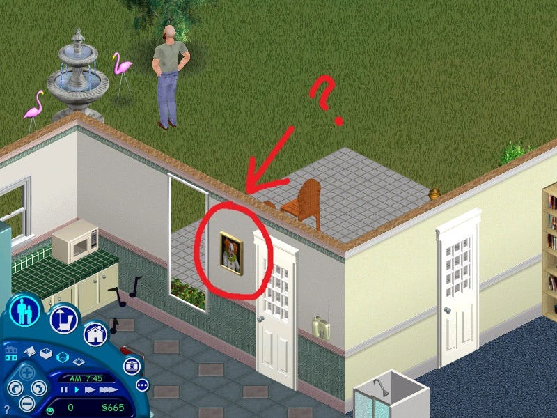 A screenshot of the Tragic Clown painting hanging on the wall in a lot in the Sims 2. The painting has been circled and a question mark and arrow are pointing towards it.