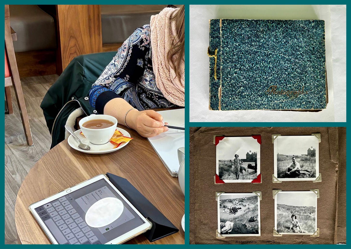 A collage of three images. A coffee shop with an iPad, a cup of tea, and a woman drawing; an old photo album; and one of the album pages with black and white photos from the 1950s.