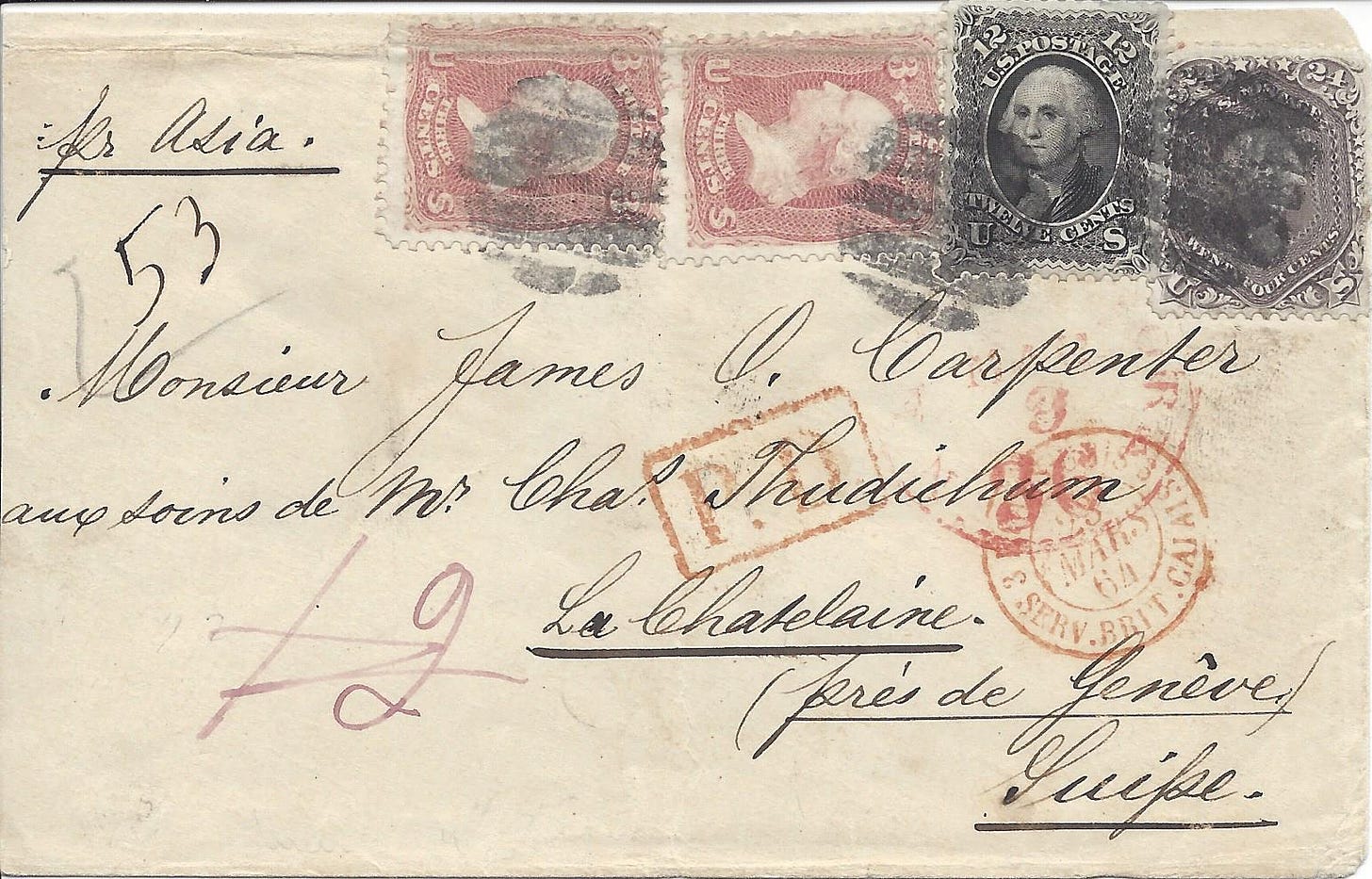 1864 letter from US to Switzerland via France