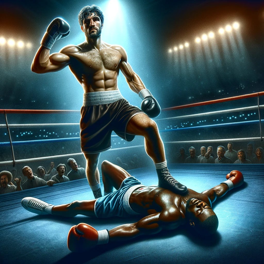 A digital illustration of a dramatic moment in a boxing match where one boxer, a muscular Caucasian man, has just knocked out his opponent, a muscular Black man. The victorious boxer stands triumphantly, his fist still raised from the decisive punch, while his opponent lies on the canvas, visibly knocked out. The scene is set in a boxing ring with a crowd cheering in the background. The lighting focuses on the two boxers, highlighting the intensity and climax of the match. The atmosphere is charged with excitement and the energy of a significant sporting moment.