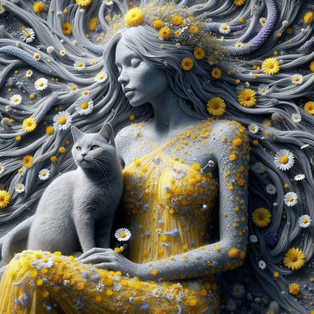 Hyper realistic grey stone woman and grey stone cat.sitting yellow dress made of tiny daisys in daisy patch. tiny daisy covered earth with woman. Her hair is made of long strands of braided daisy petals. tiny daisies are yellow and white and amber and purple blue grey. tiny cream and light purple mycellium, Glow-in-the-dark Plants Tree overhead is casting tiny leaf shadows on person. transluscent energy waves emenate out from her.Sunny day. tiny blue prisms of light Ethereal