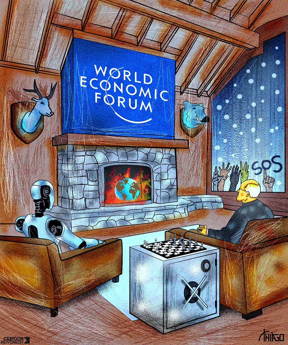 Cartoon showing the inside of a luxurious Swiss chalet. A rich man and a robot (representing AI) sit by the fireplace. In the hearth, the earth is burning. A chess board stands atop a safe that is used as a side table. Outside, in the snow, we see multiple hands; one hand is writing 'SOS' on the glass. The logo of the World Economic Forum hangs above the hearth.