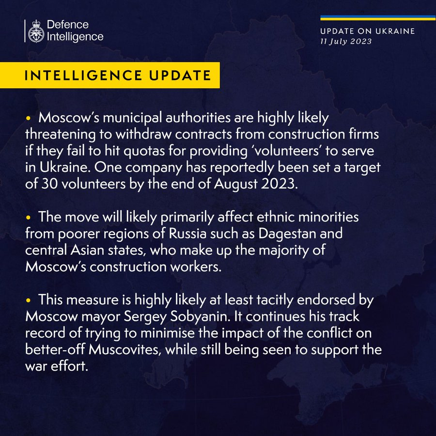 Latest Defence Intelligence update on the situation in Ukraine - 11 July 2023. Please read the thread below for the full image text.