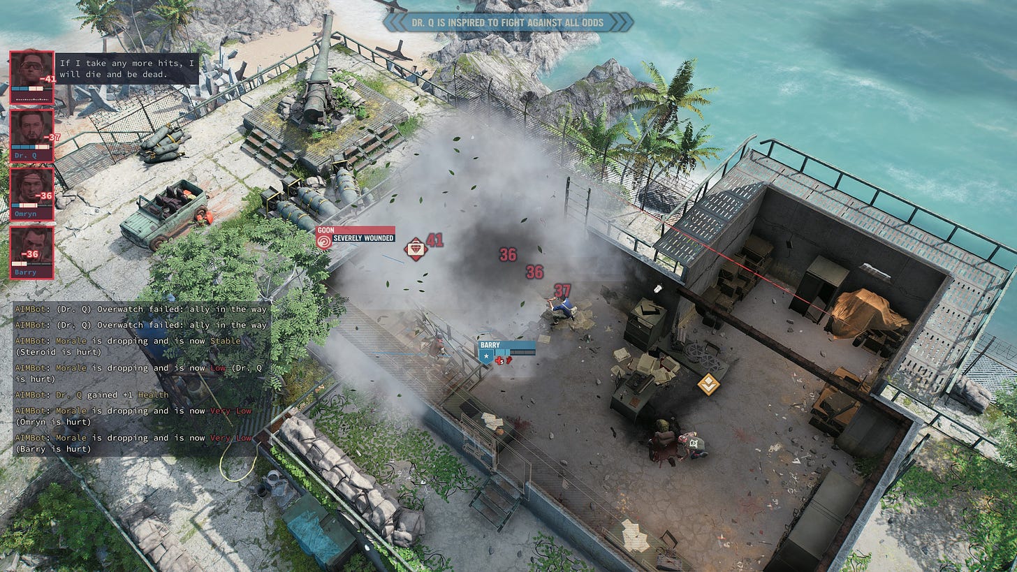 A screenshot of the game Jagged Alliance 3 from top-down perspective, showing a blast and the resulting debris and smoke in a building after an attack by a blaster man enemy.