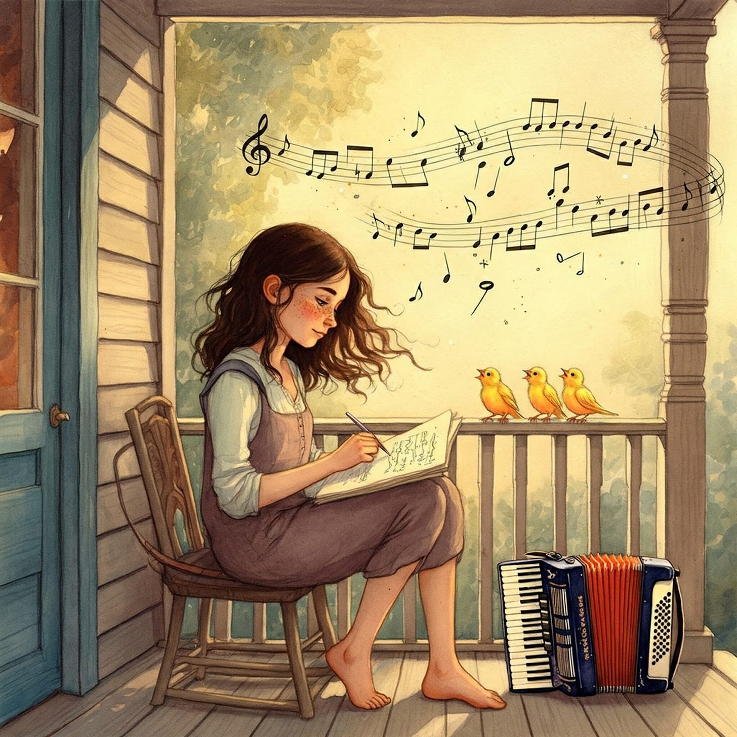 Image of young girl learning to listen to nature and transcribe it to writing musical songs