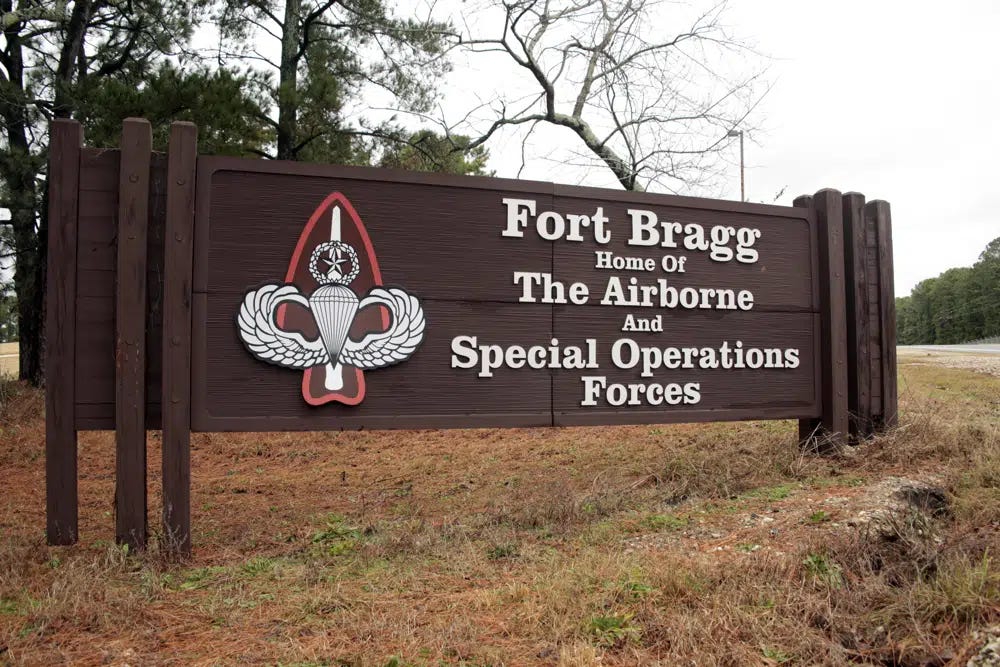 FILE - The sign for Fort Bragg, N.C., is displayed, Jan. 4, 2020. Fort Bragg will shed its Confederate namesake to become Fort Liberty in a Friday, June 2, 2023, ceremony that some veterans view as a small but important step in making the U.S. Army more welcoming to current and prospective Black service members. (AP Photo/Chris Seward, File)