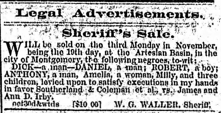 Classified advertisement for enslaved people to be sold in the Artesian Basin. Montgomery Weekly Post. November 14, 1860