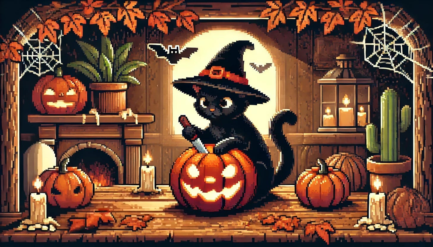 An 8-bit pixel art scene of a black cat carving a pumpkin for Halloween. The cat is wearing a witch hat and sits on a wooden table surrounded by autumn leaves. The pumpkin has a mischievous grin carved into it. The background is a cozy room with a fireplace and Halloween decorations like bats and cobwebs. A warm glow from the fireplace illuminates the scene, creating a spooky yet charming atmosphere. The scene has been adjusted to remove the extra knife on the table, the small black cat in the foreground, the small black cat in the background, and the letters on the tombstone.