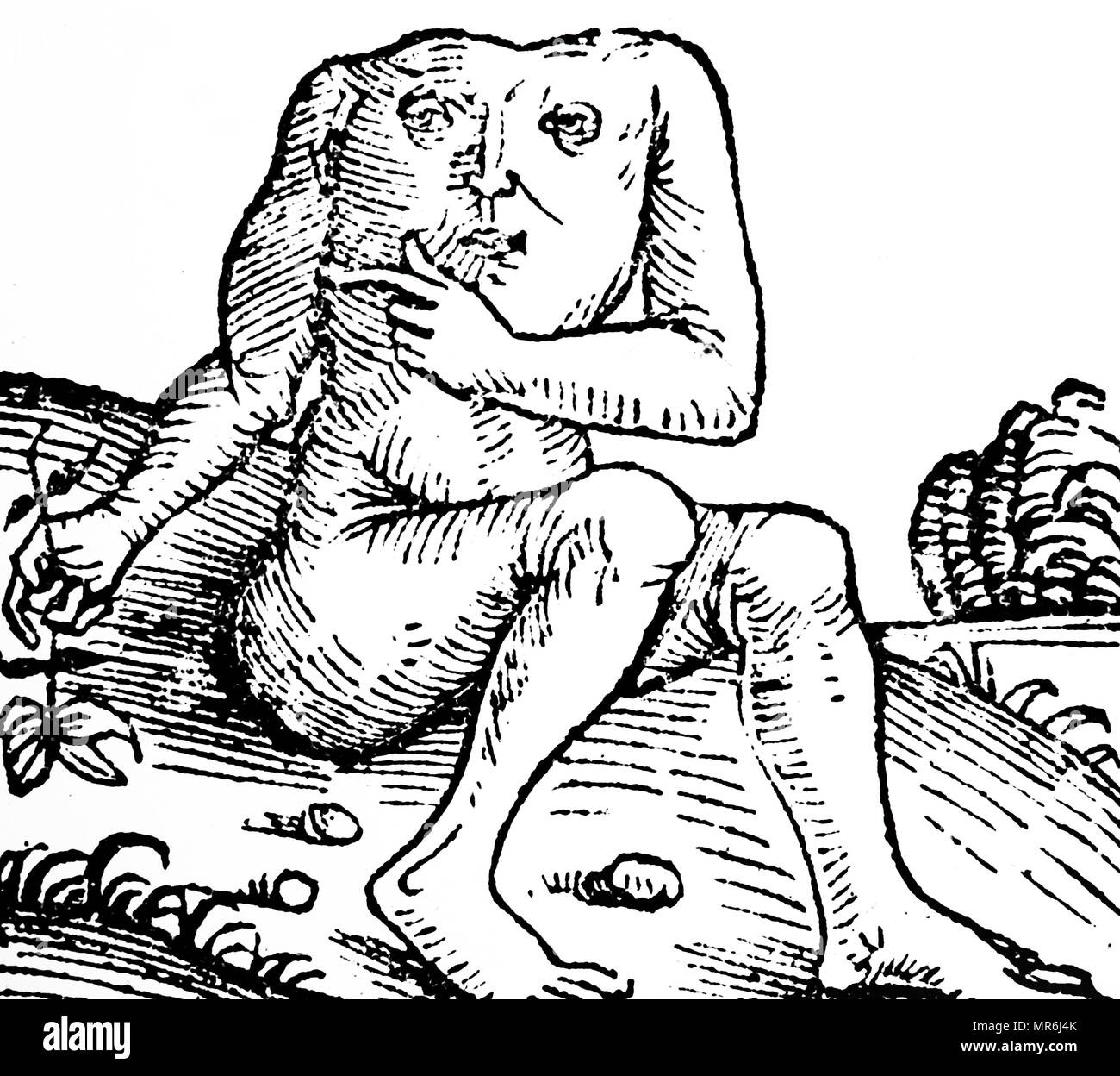Woodcut engraving depicting one of the Blemmyae (the headless ones) who, in  ancient times, were believed to inhabit certain regions of the Earth. Dated  15th century Stock Photo - Alamy