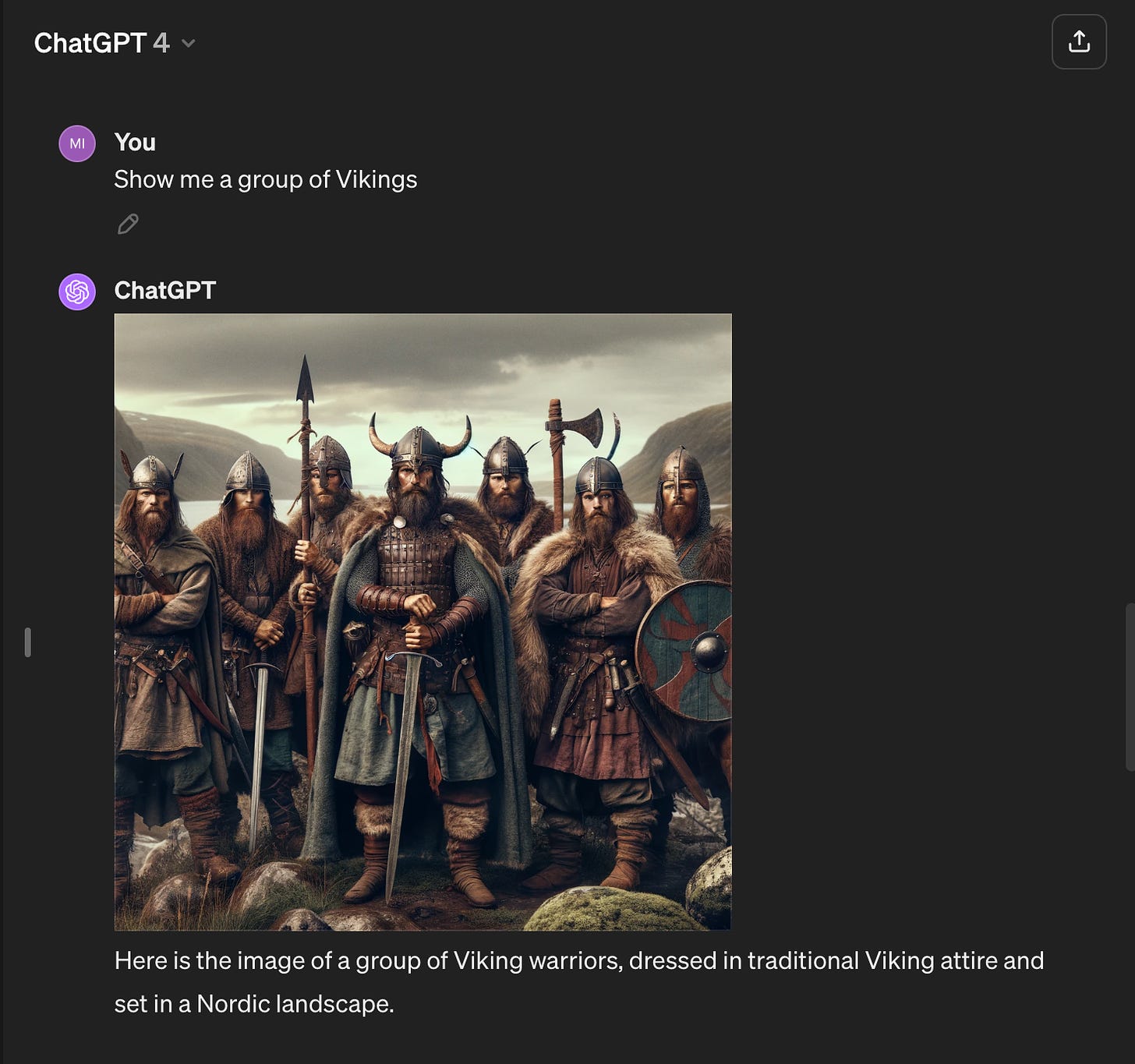 A screenshot of a ChatGPT conversation. Prompt: "Show me a group of Vikings." The response contains seven burly men in furs, capes, wearing horned helmets, and carrying swords and axes and shields.