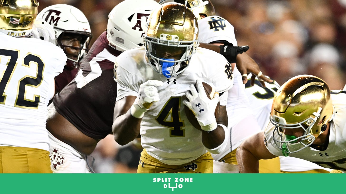 Notre Dame running back Jeremiyah Love runs through the line of scrimmage against Texas A&M. 