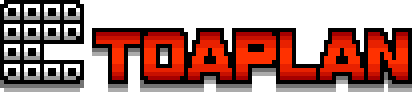 A Toaplan logo, with their traditional C-shaped logo made out of squares on the left, and, in red, the word Toaplan in all caps on the right.