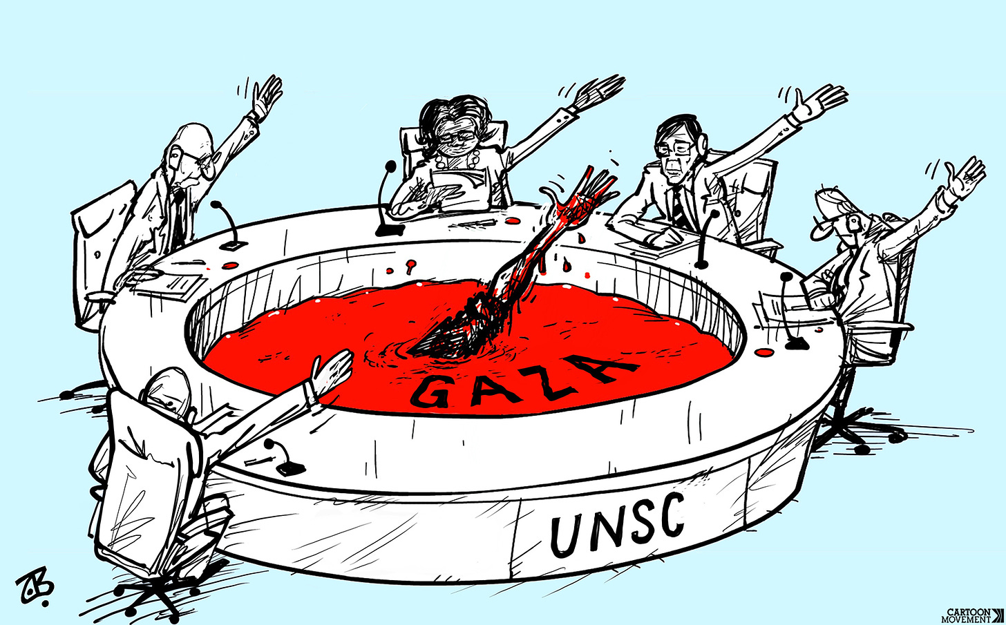 Cartoon showing the UN Security Council as a circular table with a hole in the middle. Around the table people are raising their hands. The hole in the table is filled with blood labeled 'Gaza'; from it emerges a hand that is also raised, in desperation.