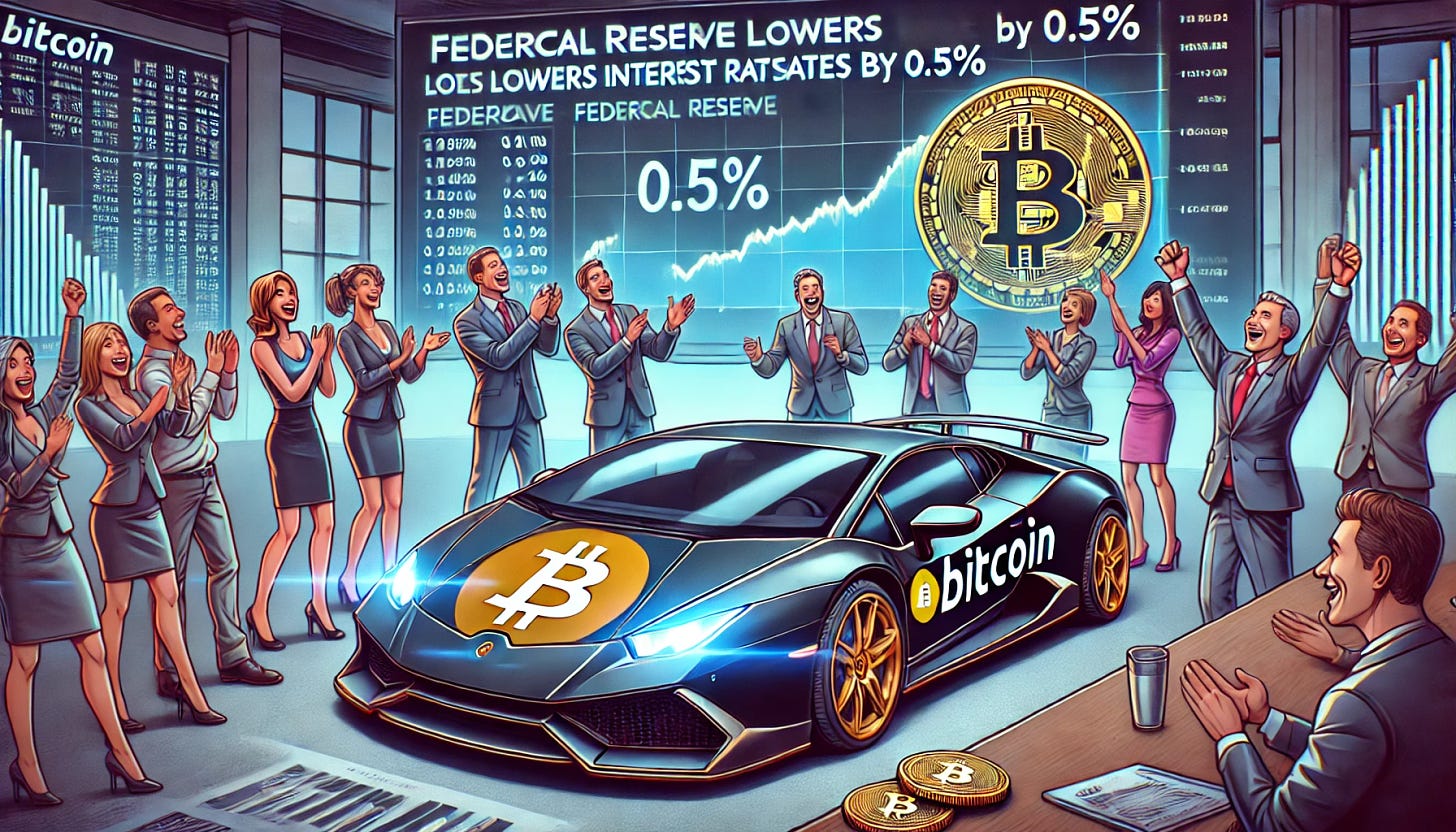 A scene depicting a group of excited adults watching a financial announcement on a large screen, where the Federal Reserve (FED) lowers interest rates by 0.5%. The group, visibly thrilled, immediately places an order for a Lamborghini. The Lamborghini features the Bitcoin logo prominently on the sides, with a detailed image of a frog on the hood. The background shows a modern, high-tech room with financial charts and graphs, enhancing the excitement of the moment as they celebrate their decision.