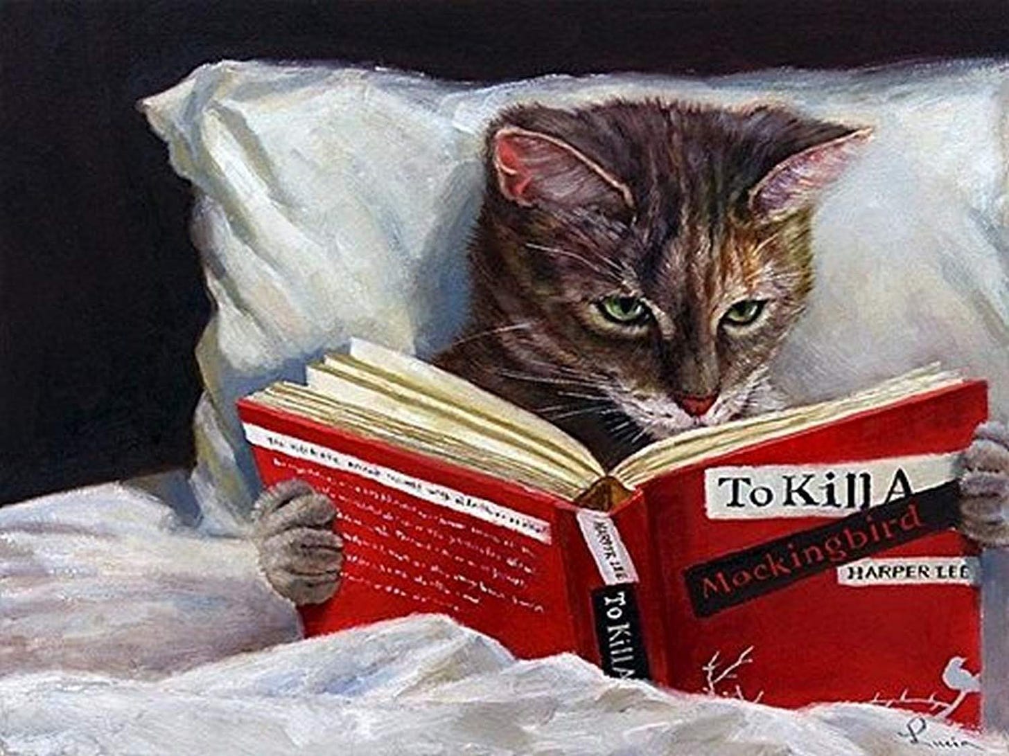 buyartforless Late Night Thriller - Cat Reading to Kill a Mockingbird by  Lucia Heffernan 10x8 Feline Art Print Poster Humor