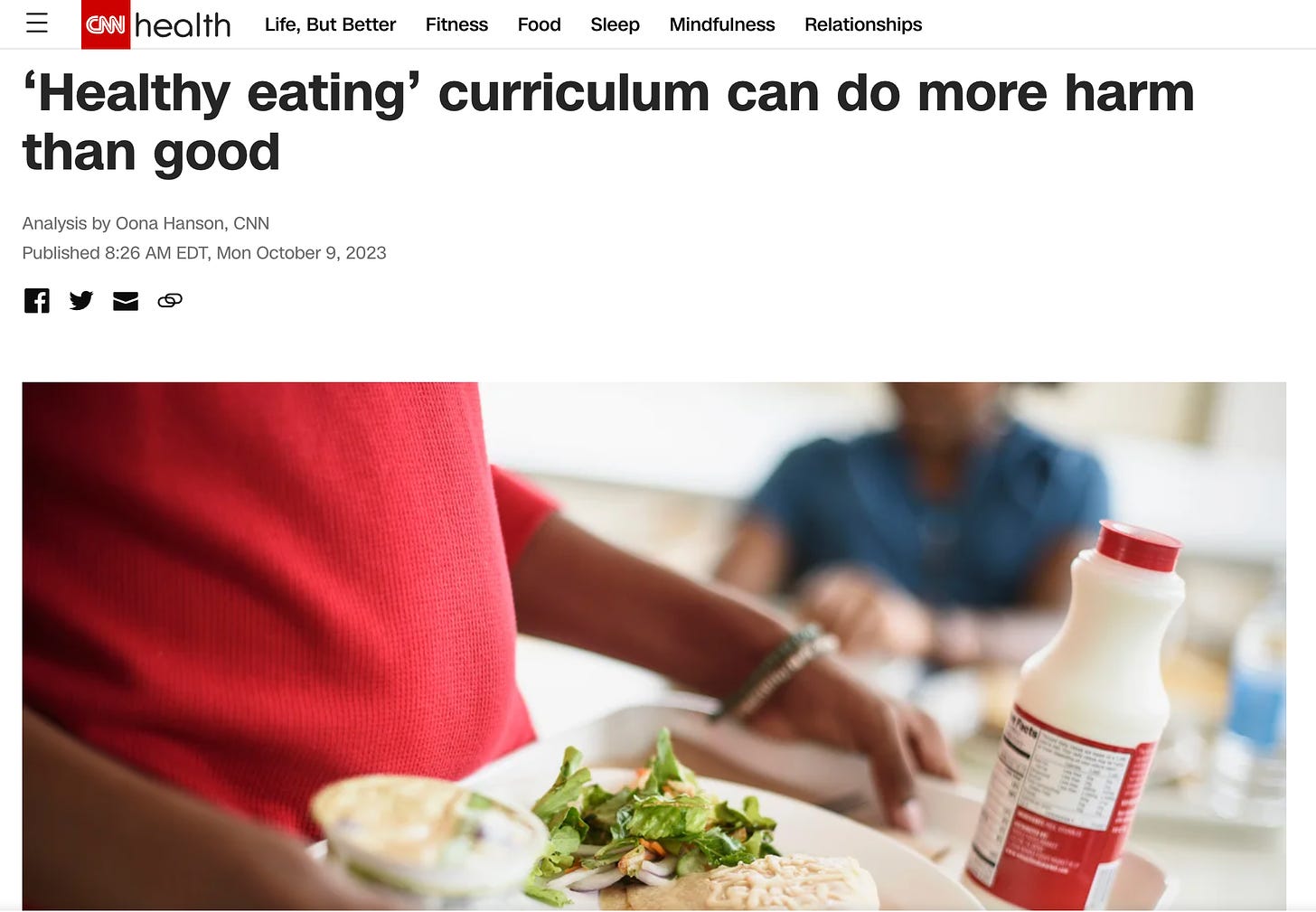 CNN headline read "Healthy eating" curriculum can do more harm than good and shows an image of a child carrying a school lunch tray