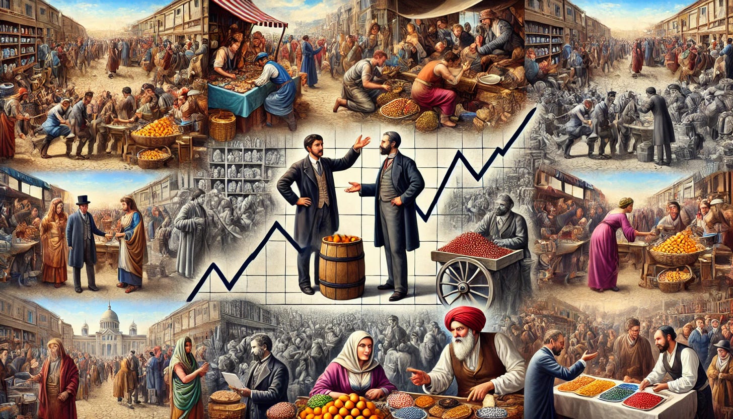 In a lively collage of different market settings, various scenes of a vendor standing behind a stall and a customer negotiating a purchase are repeated in diverse environments and time periods. Some markets are modern European, others are historical, and some are in different cultural settings. The vendors and customers are engaged in heated debates with expressive gestures. Above the entire collage, a single demand and supply graph is visible, with the demand line sloping downward and the supply line sloping upward, intersecting to indicate the equilibrium price. This composition highlights how the demand and supply graph represents real-world economic interactions across different markets and times.