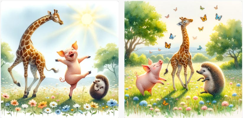 DALL-E 3's accurate rendering of "“watercolor painting of a giraffe, pig, and hedgehog dancing in a meadow.”