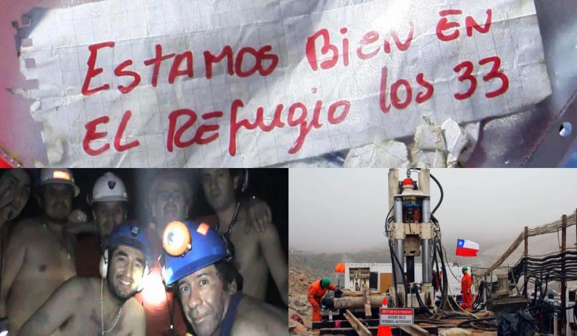 three photos: 1. the note from the Chilean miners saying they were all safe in the mine 2. a photo of the miners themselves, shirtless with lights on their helmets 3. the rescue capsule bringing the miners to the surface