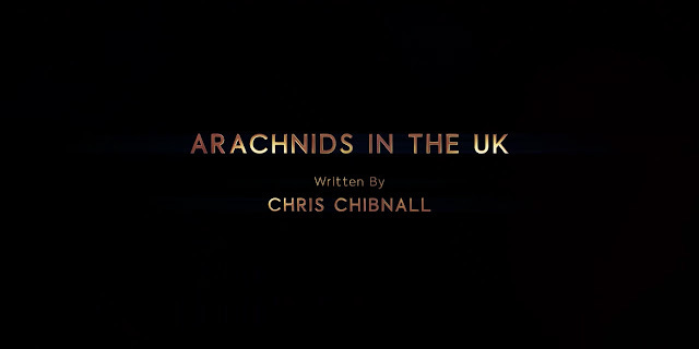 This image shows the title of Doctor Who Series 11's fourth episode ("Arachnids in the UK") in golden type over a black background. Chris Chibnall's writing credit appears below this title. This image shows the title of Doctor Who Series 11's fourth episode ("Arachnids in the UK") in golden type over a black background. Chris Chibnall's writing credit appears below this title.