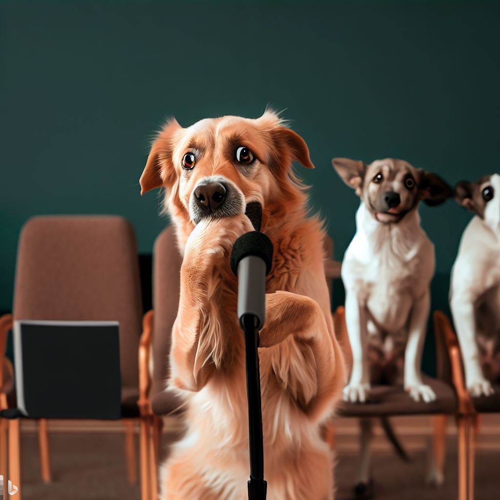 A dog afraid to deliver a presentation in front of their peers