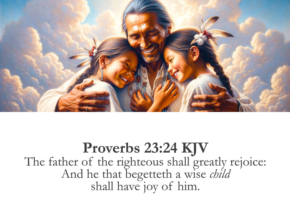 An illustration of a Native American father, with gray hair, lovingly embracing his two sweet young girls, all smiling joyfully, and wearing white robes. The girls have braids adorned with feathers and flowers. They are surrounded by a background of soft, glowing clouds. Below the illustration is a Bible verse from Proverbs 23:24 (KJV) that reads: "The father of the righteous shall greatly rejoice: and he that begetteth a wise child shall have joy of him."