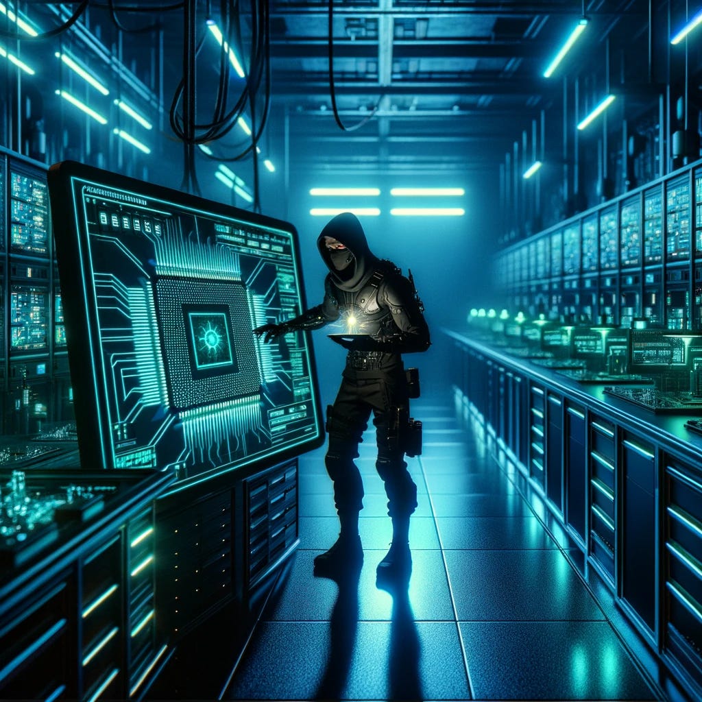 An espionage-themed scene in a high-tech semiconductor company. A person, dressed in a sleek, dark outfit with high-tech gadgets, is stealthily navigating through a futuristic lab filled with advanced semiconductor equipment. The lab is illuminated with blue and green neon lights, casting shadows and creating a mysterious atmosphere. The person is carefully examining a large holographic display of a semiconductor AI-chip design, which is glowing brightly in the dimly lit room. The scene conveys a sense of tension and secrecy, characteristic of a spy mission.