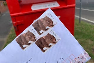 An envelope heading to Washington has three wombat stamps on it. I am posting it into an Australia Post letterbox