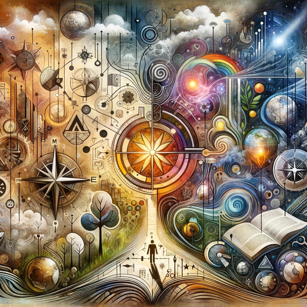 Create an abstract image that represents the journey from analytical thinking to embracing wisdom, illustrating concepts like complexity, insight, and the adventure of growth and discovery. The image should include visual metaphors for the transition from a structured, analytical mindset to a more intuitive, wisdom-oriented approach, emphasizing the exploration of unknown territories, the growth mindset, and the importance of reflection and integration. The imagery might include symbols such as maps, compasses, open books, light and shadow, pathways, and natural elements like trees or stars, all coming together in a harmonious composition that invites the viewer into a journey of personal and intellectual growth. This image should not contain any text.