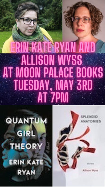 Event logo with headshots of Erin Kate Ryan, Allison Wyss, and cover images of Quantum Girl Theory and Splendid Anatomies
