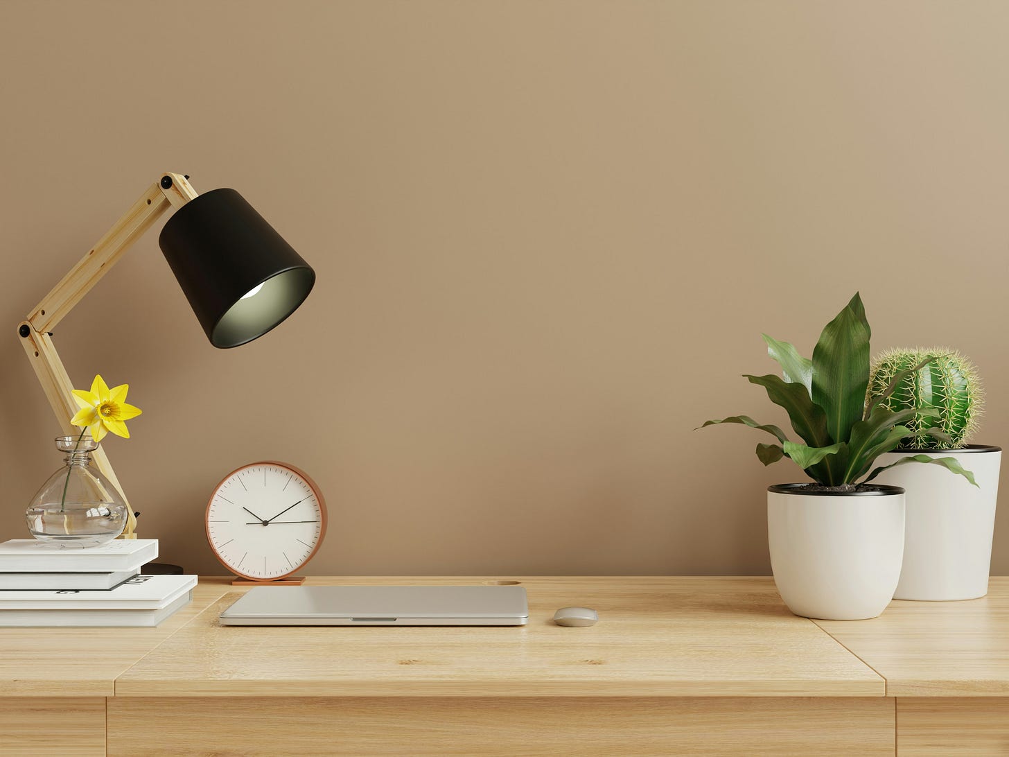 desk top with clock, light, and plants