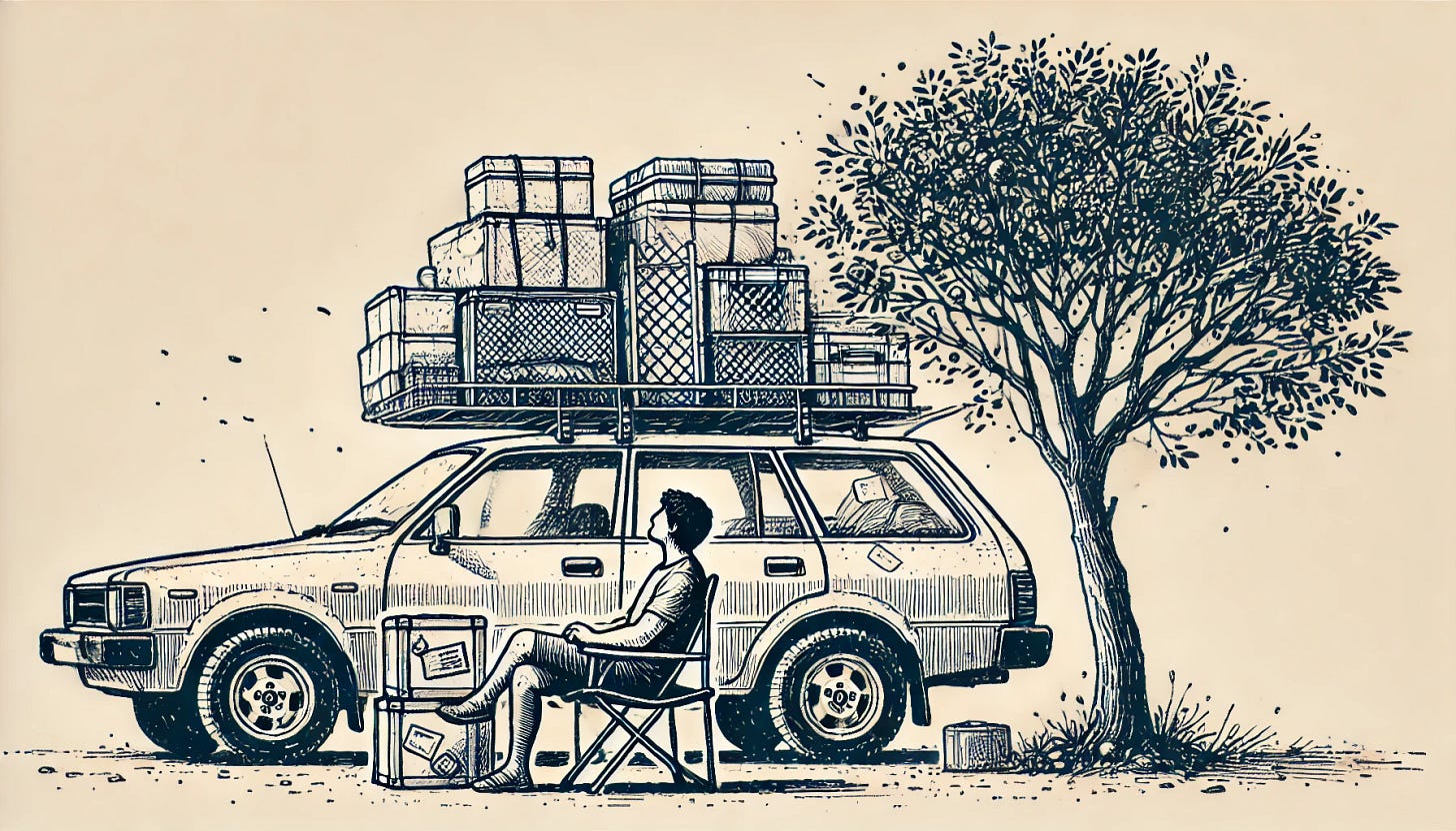 A hand-drawn style illustration of a car packed with suitcases, crates, and miscellaneous items parked under a tree. A person is sitting outside the car on a small folding chair, looking up at the sky with a thoughtful expression. The scene feels transient and reflective, with a simple sketch-like aesthetic that conveys a minimalist yet emotional tone.