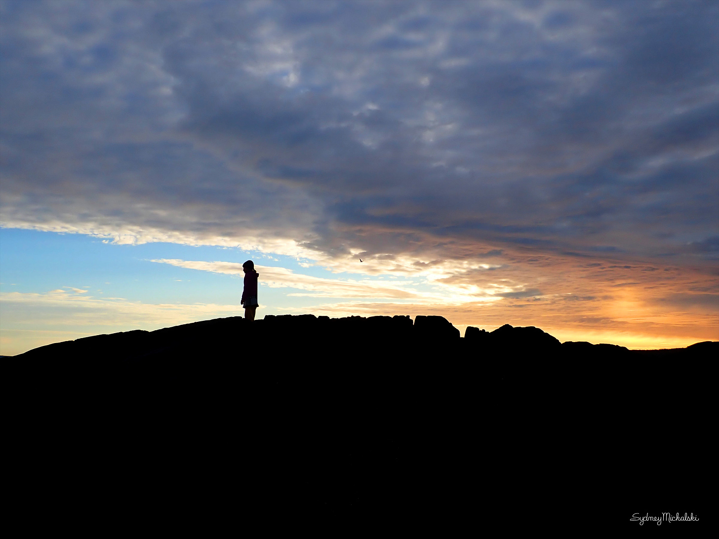 The silhouette of a child stands atop a rocky coastline gazing out as sunrise lights the clouds in gold and blue.