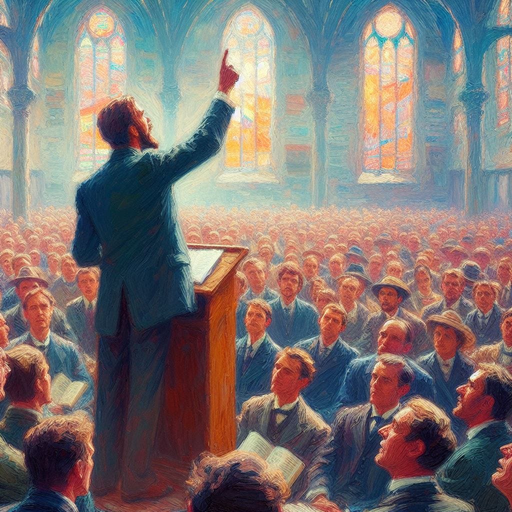 man giving a passionate speech before a congregation, impressionism