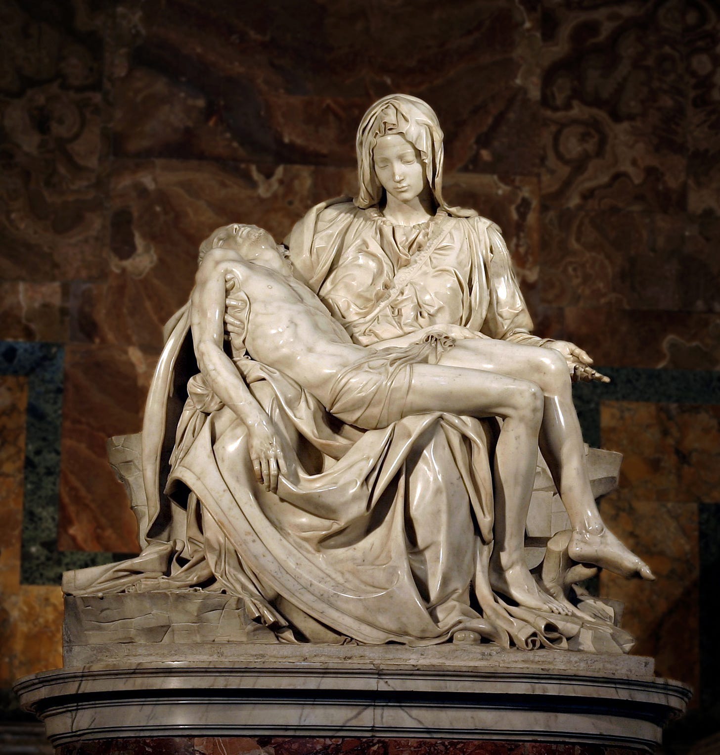 The statue features Mary holding Jesus's dead body