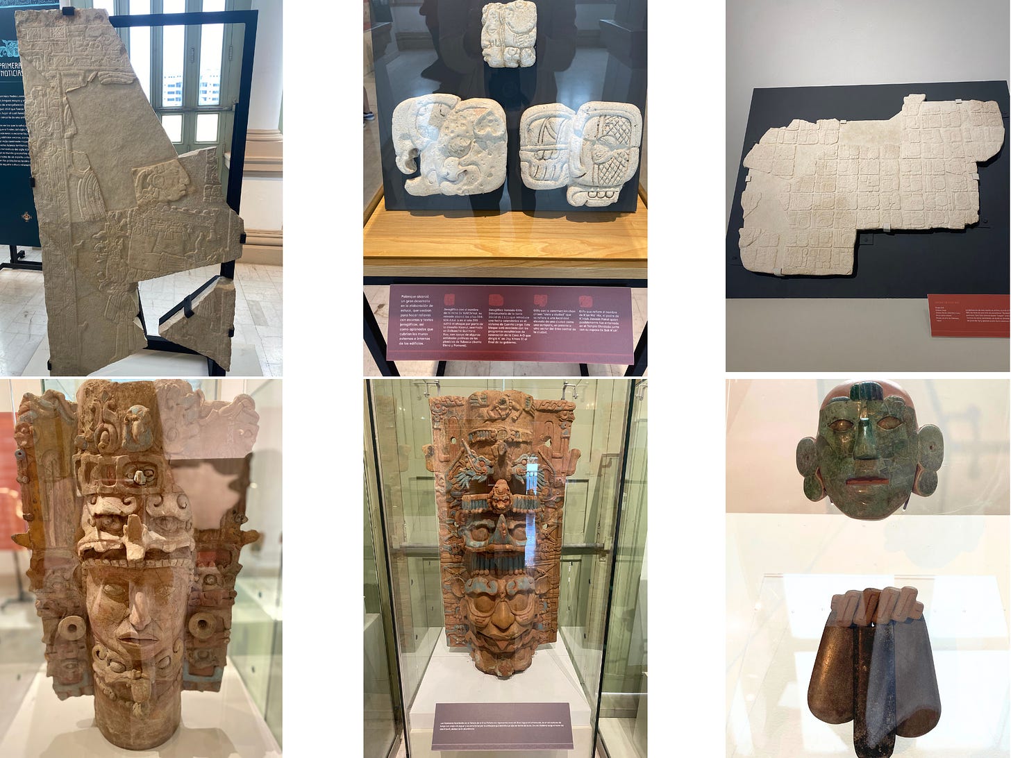 Artifacts in the Palacio Cantón's Palenque exhibit: A stone relief; stucco glyphs; two terracotta censer bases; a jade mask.