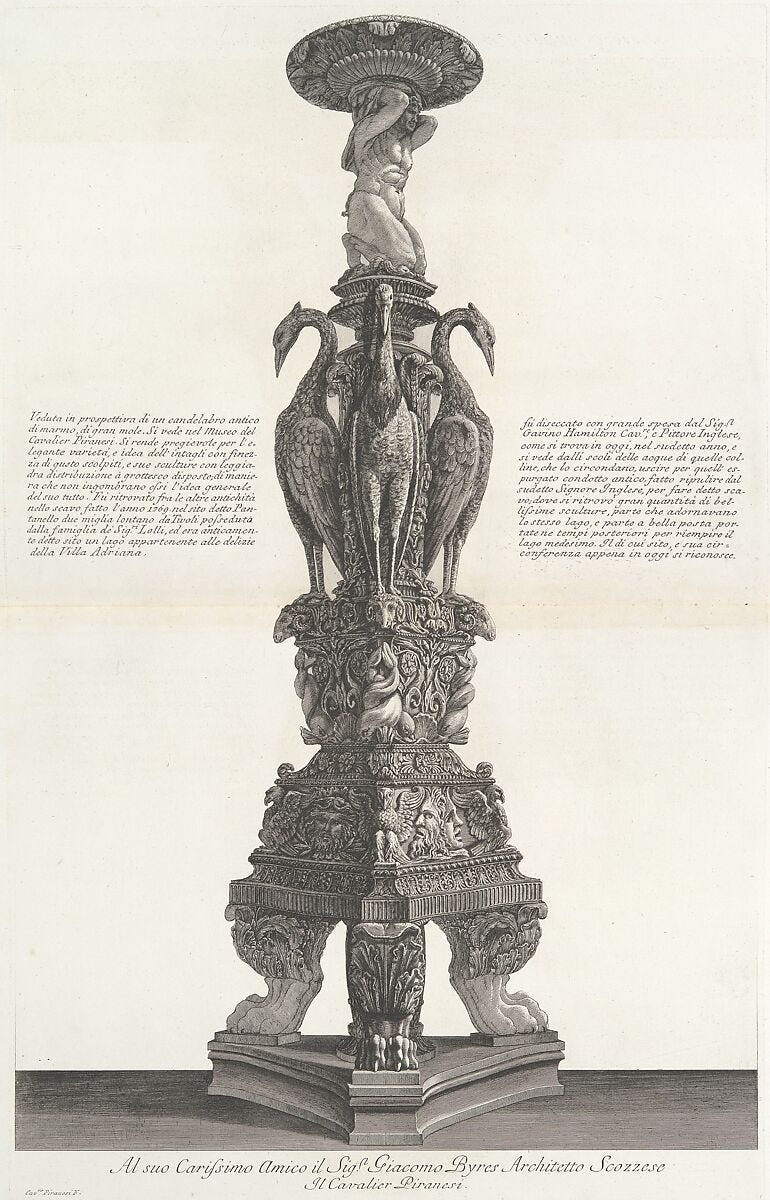 A print of a candelabra produced by Piranesi using fragments recovered from Hadrian's villa in Tivoli