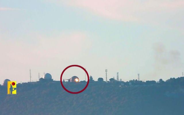 This image from video shows a Hezbollah anti-tank guided missile hitting a radar dome at an Israeli Air Force air traffic control base on Mount Meron, January 6, 2024. (Screenshot: Telegram)