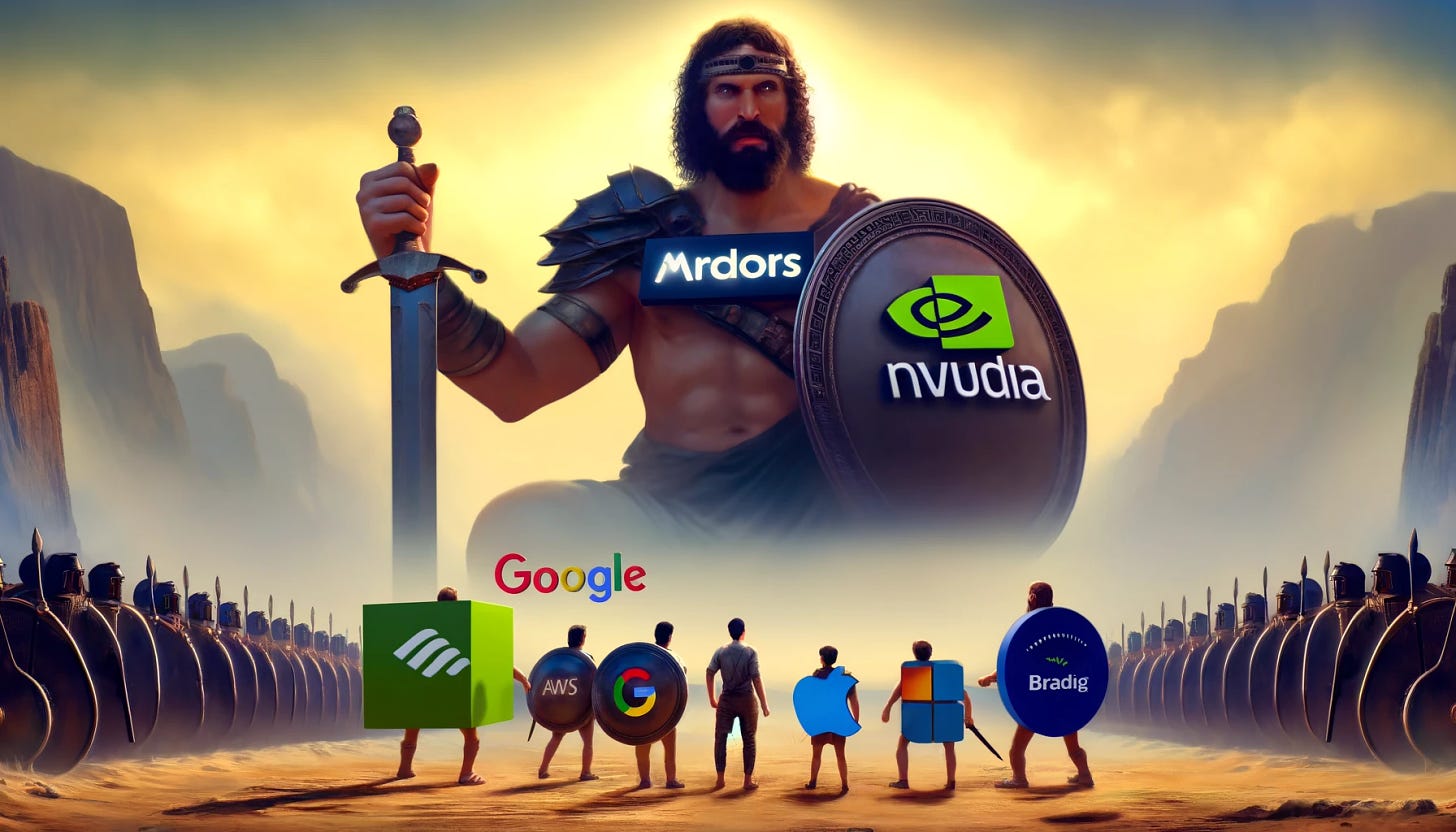 An epic scene resembling David and Goliath, but with Google, Microsoft, AWS, and Broadcom depicted as small yet determined engineers or warriors with their correct logos prominently displayed. They are facing a giant Goliath representing NVIDIA, portrayed as a formidable giant with the NVIDIA logo. The background should be a dramatic, high-tech battlefield, symbolizing the fierce competition in the AI hardware market.