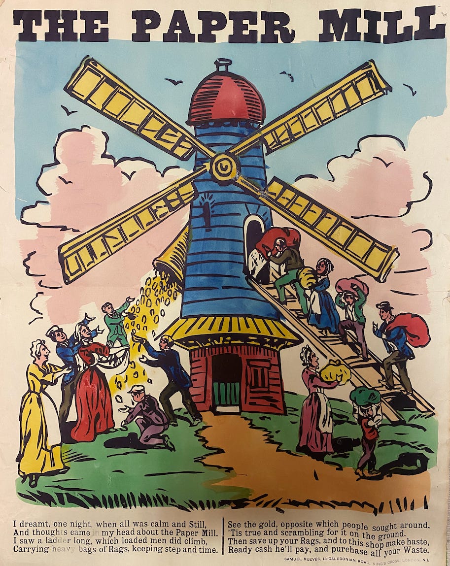A colourful poster reading "THE PAPERMILL" showing a large windmill, on the right people are walking up to it and dumping their old clothes into it, on the right, golden coins are showering out of a chute, and others are trying to catch them.