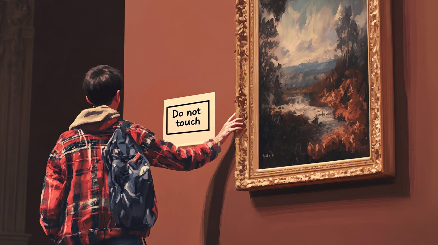 A person touching a painting frame in an art museum with a "Do not touch" sign next to it on the wall.