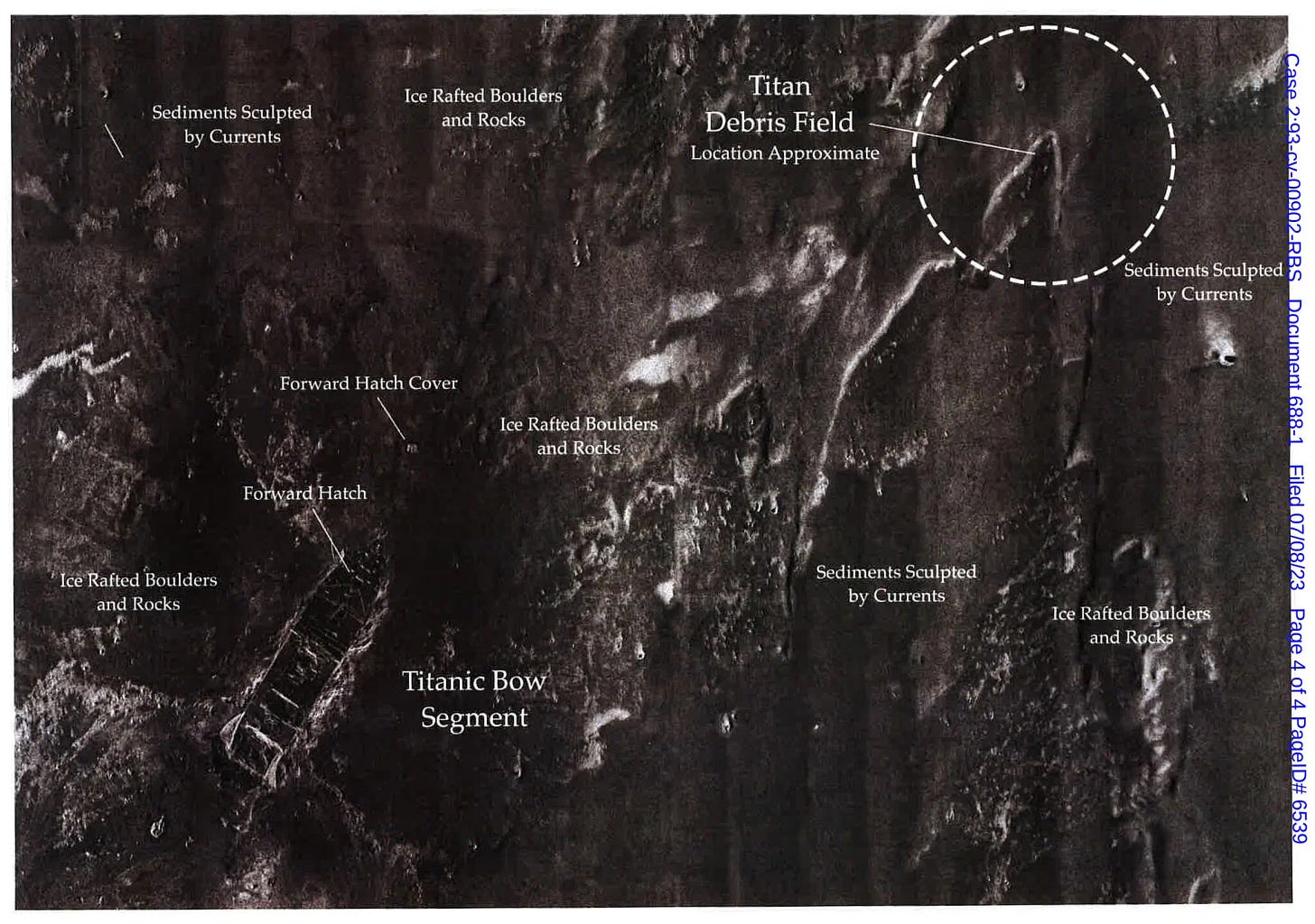 Map of seafloor showing Titanic & Titan sub (RMS Titanic, via NYT)
